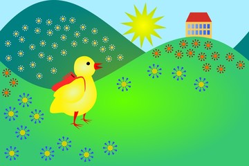 Little cute yellow chicken goes to school at spring