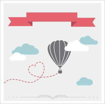 Retro vector card with aerostat flying in the clouds