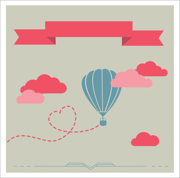 Retro vector card with aerostat flying in the clouds