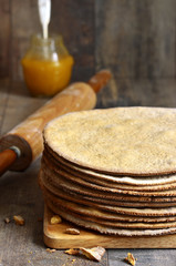 Baked layers for a honey cake.