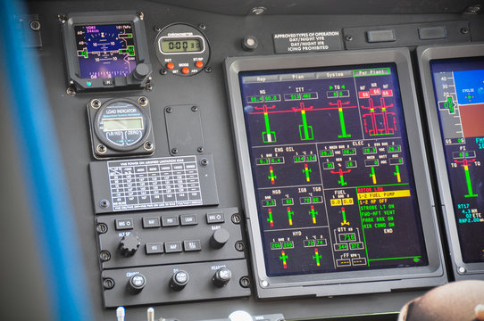 The pilots' control panel inside a passenger airplane