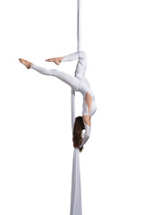 Aerial silk dancer isolated on white