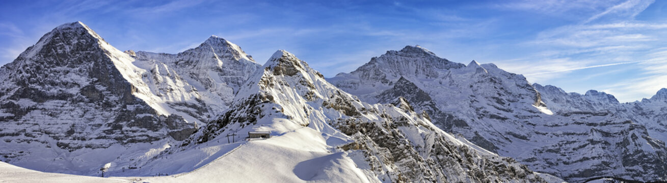 Four alpine peaks and skiing resort in swiss alps