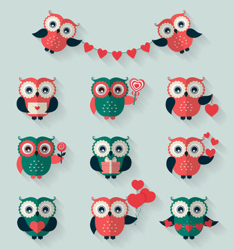 Flat owls. Love, romantic and Valentine's Day theme. Vector set.