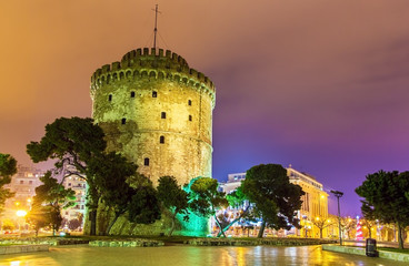 White Tower of Thessaloniki in Greece at night