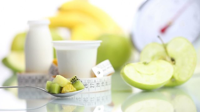 diet food yogurt teaspoon fruit Apple meter and scales