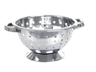 Stainless steel colander isolated on white background