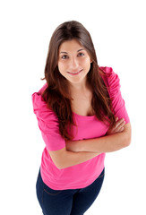Fototapeta premium Youg girl with pink t-shirt view from above