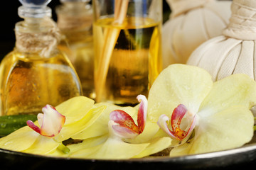 Beautiful spa composition with orchid close up