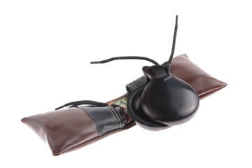 Pair of Spanish castanets with leather pouches
