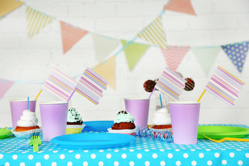 Prepared birthday table for children party