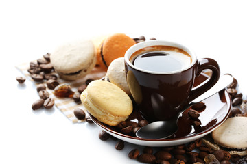 Gentle colorful macaroons and black coffee in mug isolated