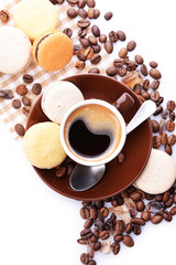 Gentle colorful macaroons and black coffee in mug isolated