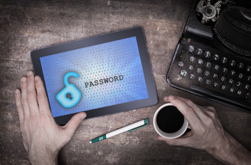 Tablet on a desk, concept of data protection