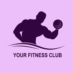 Fitness logo with muscled man silhouette. Man hold dumbbell