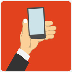 Flat design style illustration. Business hand holding smart phon