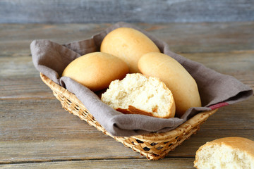 Buns in a wicker basket on the boards