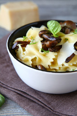Pasta with roasted mushrooms in a bowl