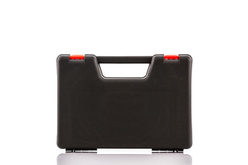 Black tool box, plastic case.