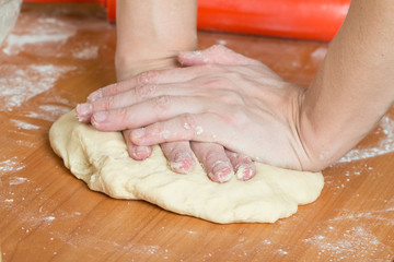 male hands kneading dough on table