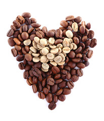 Heart shaped coffee beans isolated on white