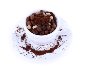 Cup of coffee beans isolated on white