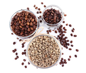 Coffee beans in glass jars isolated on white