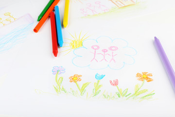 Drawing made by child with colorful pencils, closeup view