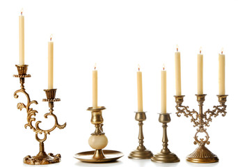 Retro candlesticks with candles, isolated on white - obrazy, fototapety, plakaty