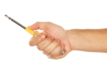 Screwdriver in male hand isolated on white