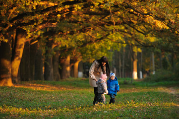 mother with children twins on a walk in the autumn park