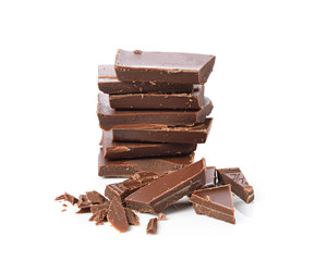 Broken chocolate bar on a white background