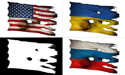 US, UA, RU, perforated, burned, grunge fluttering flag alpha