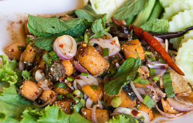 Salmon larb spicy salad thai style