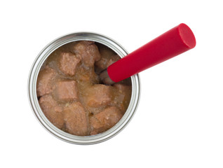 Chicken dog food in a can with a spoon
