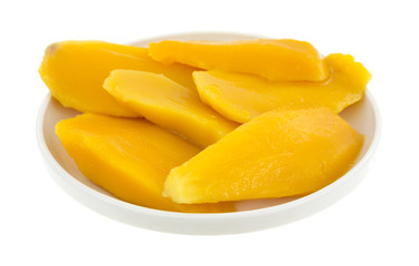 Mango slices in a small dish on a white background