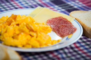 Scrambled eggs . Selective focus
