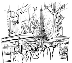 view of a market in Paris near the Eiffel tower