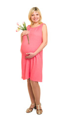 pregnant woman with flowers in red dress