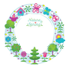 Fototapeta premium Spring Season Object Icons Wreath Hand Draw Style