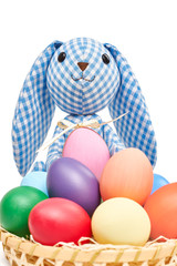 Easter Bunny and painted Eggs in basket on white background
