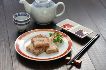 homemade turnip cake, chinese dim sum dish
