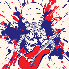 Skeleton with guitar, vector draw, paint explosion on background
