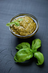 Close-up of pesto sauce with fresh basil leaves, studio shot