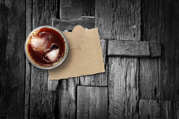 Iced coffee and torn paper on wood floor, background for valenti