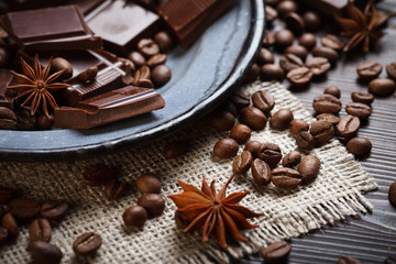 Spices with chocolate and coffee beans