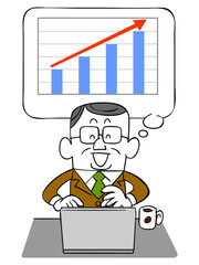 年配のビジネスマンとノートパソコンと上昇するグラフ