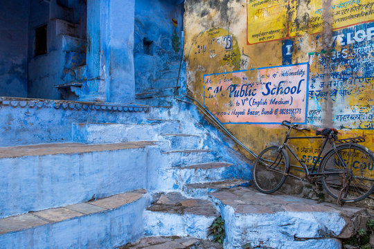 Traditional blue and yellow wall in Jodhpur