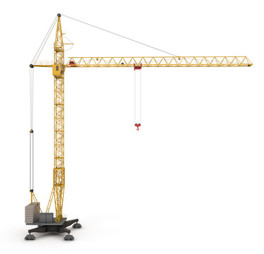 Yellow construction crane isolated on white