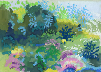 Fototapeta na wymiar Watercolor natural floral landscape